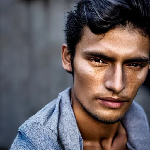 Image similar to color portrait of a very handsome peruvian male model by emmanuel lubezki