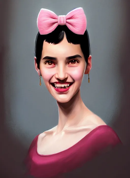 Image similar to portrait of high school girl, realistic, black hair, bangs, half updo hairstyle, pointy nose, skinny, smile, ugly, defined jawline, big chin, pink hair bow, earrings, intricate, elegant, glowing lights, highly detailed, digital painting, artstation, sharp focus, illustration, art by wlop, mars ravelo and greg rutkowski