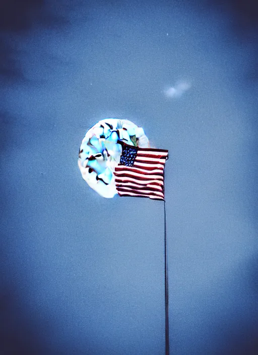 Image similar to photo of moonlanding in finlands blue and white cross flag on the moon, aesthetic, fine art, intricate, elegant, highly detailed, centered, phograph, art station, conceptual art, soft, sharp focus,