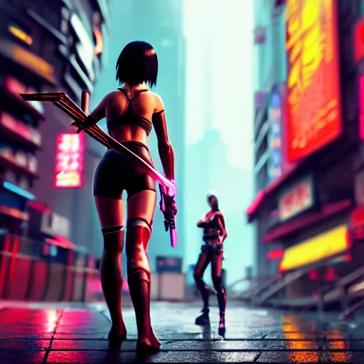 Prompt: beautiful female with katana, short black hair, in bikini, cyberpunk 2077, city background, rainy night, neon glow concept art, sharp focus, intricate, digital painting, artstation, official media, anime key visual, highly detailed, rich vivid colors ambient lighting, illustration, art by Artgerm, Makoto Shinkai, Ilya Kuvshinov, Lois Van Baarle and Rossdraws