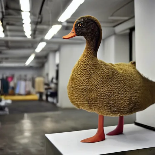 Prompt: a fashion studio photo of a duck dinosaur hybrid