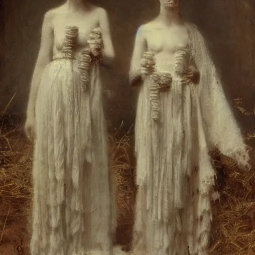 Prompt: a very beautiful full body portrait of sisters by charles amable lenoir, queen of bones, white braids, decaying face, dress made of bones, jewellery, highly detailed, sharp focus, award winning art, soft lighting, trending on artstation