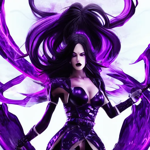 Image similar to gorgeous goth psylocke fighting army of demons with a samurai sword, physical based render, cinematography, octane, photorealistic, gorgeous, symmetrical, unreal engine