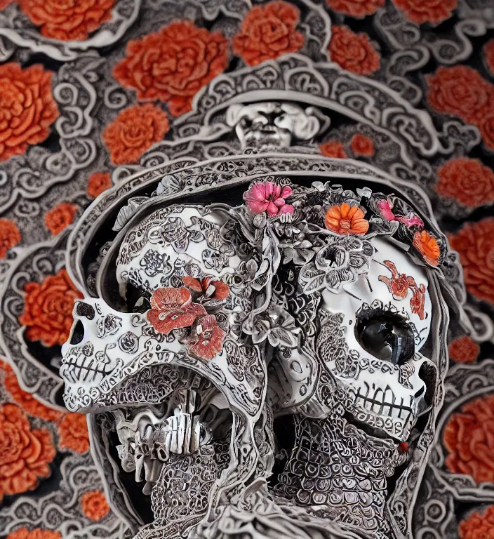 Image similar to La Catrina, A Close up photo-real delicate ceramic porcelain sculpture of a symmetrical ornate detailed in front of an intricate background by Victo Ngai and takato yamamoto, micro detail, backlit lighting, face in focus, subsurface scattering, translucent, thin porcelain, colorful, physically based rendering, japanese pottery, trending on cgsociety