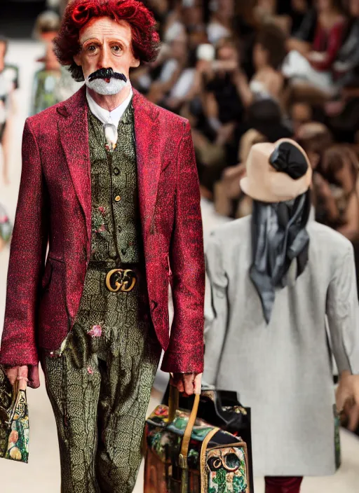 Image similar to hyperrealistic and heavy detailed gucci runway show of albert einstein, leica sl 2 5 0 mm, vivid color, high quality, high textured, real life