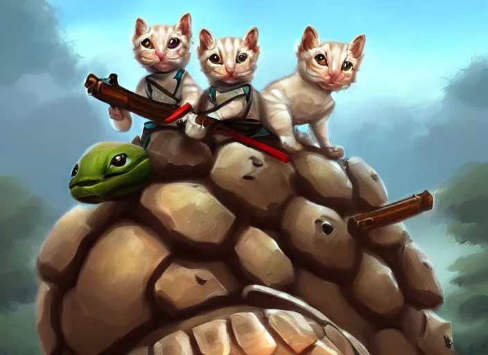 Image similar to white soldier kittens riding turtles going into battle, cute, digital oil painting, trending on artstation