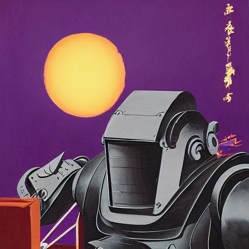 Prompt: a fullmetal wired robot is reading the forbidden intimate diary of sophia aeon, the background is the purple sunset over santiago of chile, hanafuda oil on canvas by dave mckean