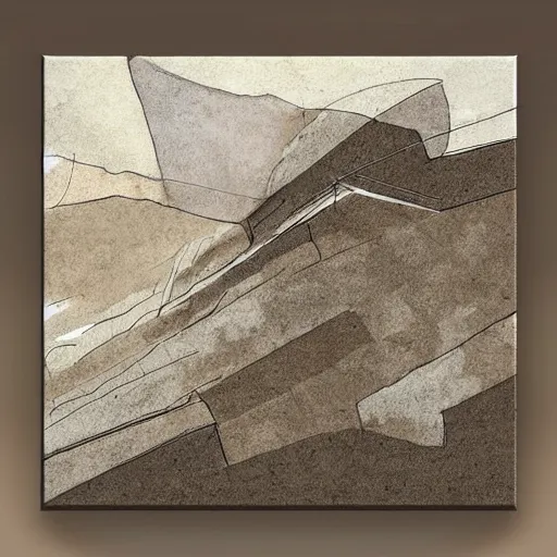 Image similar to masterpiece abstract intricate painting of detailed highly layered angled rocky field along a landscape surface of rectangular shapes. thin pencil rough sketch lines slanting down provide a sense of movement. quarter view angles. beautiful use of light to create a sense of a stony surface. using architectural techniques with an engineering quality and a rich earthy color palette, providing a mathematical feel.