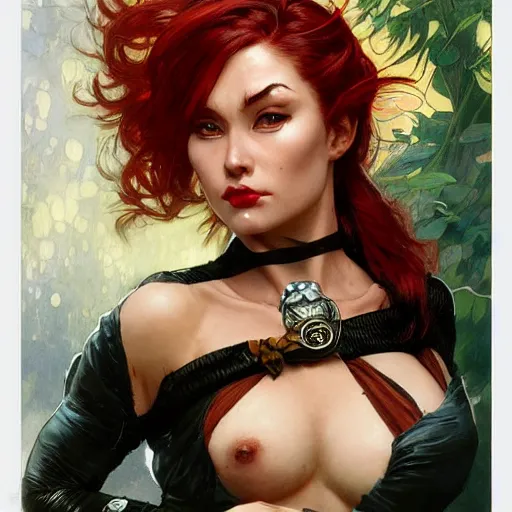 Image similar to highly detailed closeup portrait of beautiful cat woman with red hair, very detailed, realistic, card, by Stanley Artgerm Lau, greg rutkowski, thomas kindkade, alphonse mucha, loish, norman rockwell J.