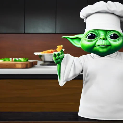 Image similar to hungry chubby babyfat baby yoda as chef wearing white chefs hat and white apron, giving thumbs up next to a plate of food, vegetables, photography, hyperrealism, unreal engine, octane 3 d render, houdini, unity 3 d, highres, adobe premier pro, trending on artstation, trending on deviantart, thisistheway