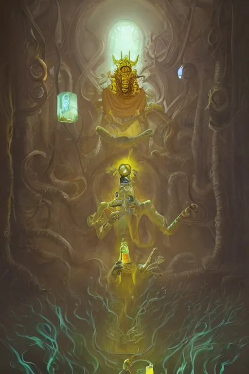 Image similar to Hastur drinking a can of Natural Light Beer, character art, concept art, painting by Peter Mohrbacher, the king in yellow