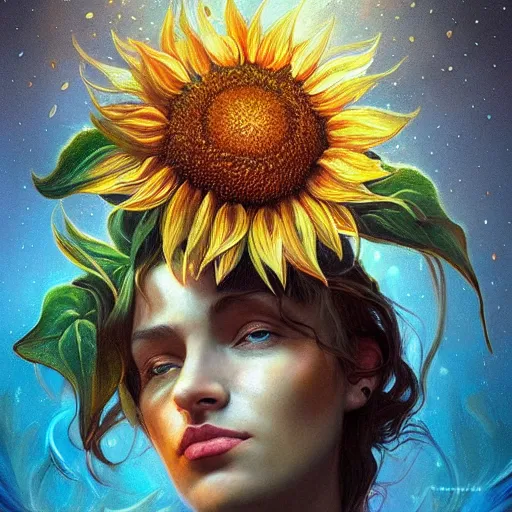 Image similar to !dream Sunflower queen, colorful, surreal, dramatic lighting, face, detailed, intricate, elegant, highly detailed, digital painting, artstation, concept art, smooth, sharp focus, illustration, art by Sam Spratt, Dan Mumford, Artem Demura and Alphonse Mucha