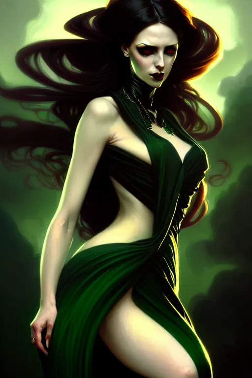 Image similar to portrait of a dark fantasy seductive female necromancer, stylish black dress, green eyes, long red hair, fantasy, elegant, intricate, full frontal shot, highly detailed, digital painting, artstation, concept art, sharp focus, illustration, art by artgerm and greg rutkowski and alphonse mucha
