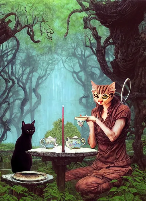 Prompt: cat having tea with a sorceress at a shrine in the woods by a stream, river gorgeous lighting, lush forest foliage blue sky a hyper realistic painting by chiara bautista and beksinski and norman rockwell and greg rutkowski weta studio, and lucasfilm