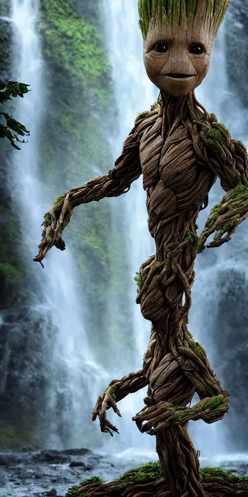 Prompt: photorealistic wide shot portrait of Groot, under waterfall, octane render, unreal engine 4k, volumetric lighting, fog, detailed
