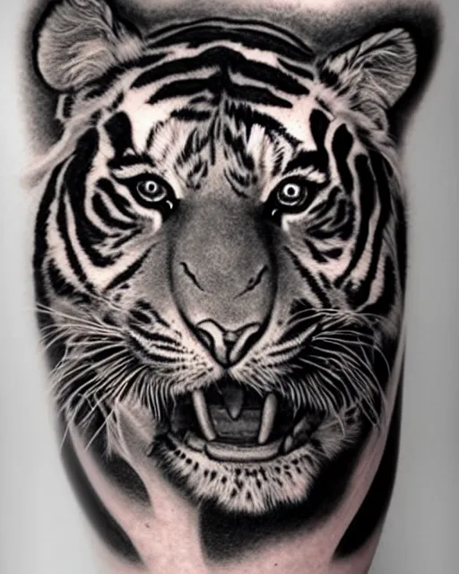 Image similar to a beautiful girl wearing a hat that looks like a tiger head, tattoo design, hyper realistic, hyper detailed, by eliot kohek