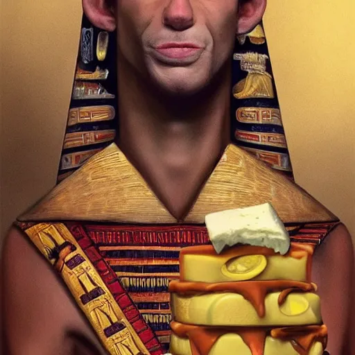 Image similar to realistic portrait beautiful painting depicts Ratatouille as King Pharaoh crowned with cheese in Ancient Egypt. created by Michaelangelo, trending on Artstation,high detailed, digital art.