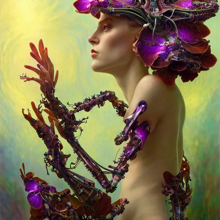 Prompt: malfunctioning psychedelic organic cyborg orchid, diffuse lighting, fantasy, intricate, elegant, highly detailed, lifelike, photorealistic, digital painting, artstation, illustration, concept art, smooth, sharp focus, art by John Collier and Albert Aublet and Krenz Cushart and Artem Demura and Alphonse Mucha