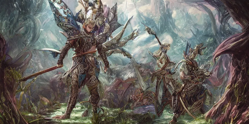 Image similar to an anime landscape of a knightly merfolk from magic the gathering wearing a ornate detailed armor garments and an atlantean crown, in a mystical forest from skyrim, by stanley artgerm lau, wlop, rossdraws, james jean, andrei riabovitchev, marc simonetti, and sakimichan, trending on artstation