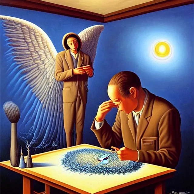 Image similar to an oil on canvas portrait of a man painting a portrait of a beautiful angel, surrealism, surrealist, cosmic horror, rob gonsalves, high detail