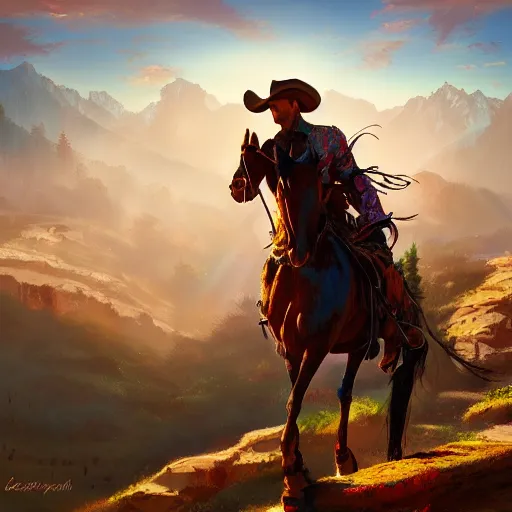 Image similar to cowboy on a hill, colorful, dramatic lighting, detailed, intricate, elegant, highly detailed, digital painting, artstation, concept art, smooth, sharp focus, illustration