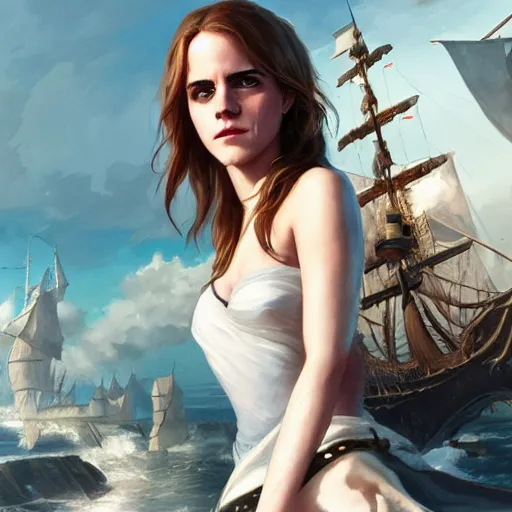 Prompt: sensual emma watson wearing as a captain, looking seductive, pirate ship in background, hyperrealistic, artgerm, greg rutkowski, artstation, highly detailed