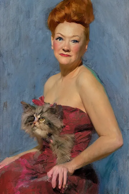 Image similar to painterly portrait, amanda blake as miss kitty by Solomon Joseph Solomon and Richard Schmid and Jeremy Lipking and chuck close