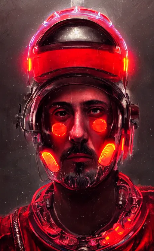 Image similar to detailed portrait Marcus Aurelius, cyberpunk futuristic neon, reflective red coats, decorated with traditional Rome ornaments, burning city behind by Ismail inceoglu dragan bibin hans thoma greg rutkowski Alexandros Pyromallis Nekro Rene Maritte Illustrated, Perfect face, fine details, realistic shaded, fine-face, pretty face
