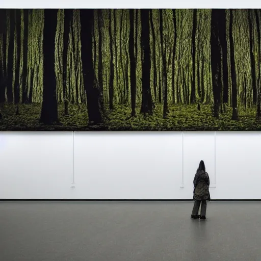 Prompt: dark forest protected by strange creature, the matrix movie style, oil paint, inside a museum while people taking photographs of it