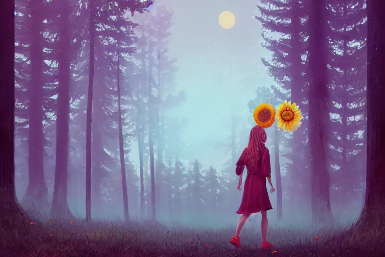 Image similar to giant daisy flower on head, girl walking in forest, big trees, surreal photography, dark night, stars, moon light, impressionist painting, clouds, digital painting, artstation, simon stalenhag