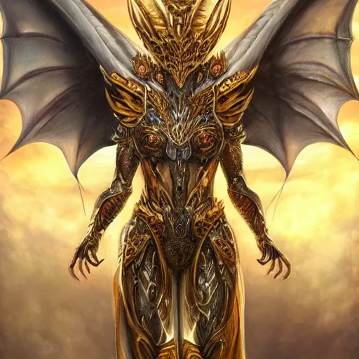 Image similar to a beautiful symmetrical muscular full body wearing a dragon armor with wings made of golden ornaments and gems, by alex gray and android jones , Karol Bak, Ayami Kojima, Amano , concept art, character design, fantasy,3D, 8k resolution