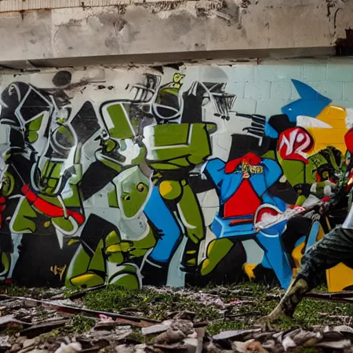 Image similar to toy soldiers fighting in an abandoned graffiti subway