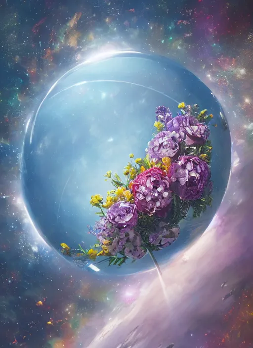 Image similar to An epic fantastic realism comic book style painting of the most beautiful flowers launched into space, perfect shiny silver iridescent spheres, bouquets, fisheye lens, unreal 5, DAZ, hyperrealistic, octane render, dynamic lighting