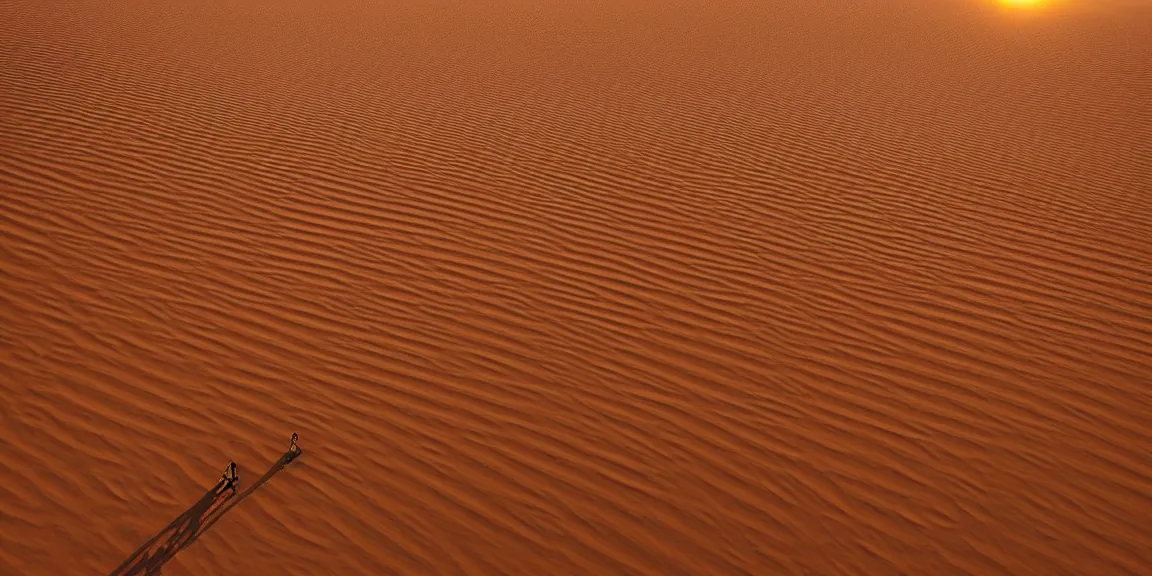 Prompt: Photograph of the sahara desert, yellow-orange sand, Berbers crossing the dunes, clear sky, bright and blue, HD. Afternoon glow, June 19th. Trending on Artstation, deviantart, worth1000. By Greg Rutkowski. National Geographic and iNaturalist HD photographs