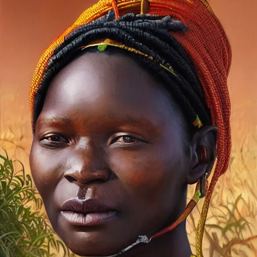 Image similar to portrait of a shona people woman ( 3 5 ) from zimbabwe in 2 0 2 1, an oil painting by ross tran and thomas kincade