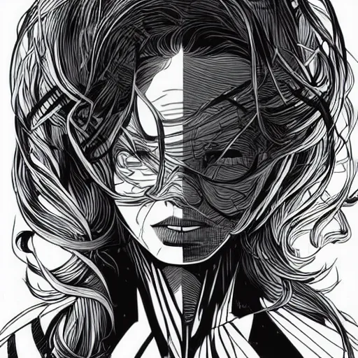 Image similar to clean simple line art of a woman. white background. well composed, clean black and white line drawing, beautiful detailed face. illustration by josan gonzalez and steve ditko and greg rutkowski