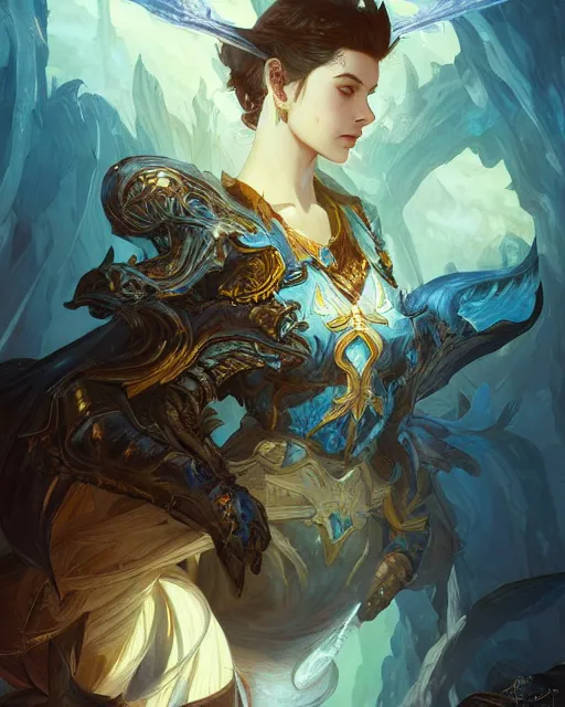 Prompt: Portrait of a Fantasy azure dragon hunter, HD, illustration, epic, D&D, fantasy, intricate, elegant, highly detailed, digital painting, artstation, concept art, smooth, sharp focus, illustration, art by artgerm and greg rutkowski and alphonse mucha