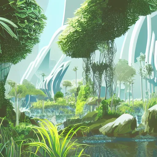 Image similar to beautiful happy picturesque charming organic futuristic sci - fi city in harmony with nature. water and plants. beautiful light. grainy and rough. soft colour scheme. beautiful artistic vector graphic design by lurid. ( 2 0 2 2 )