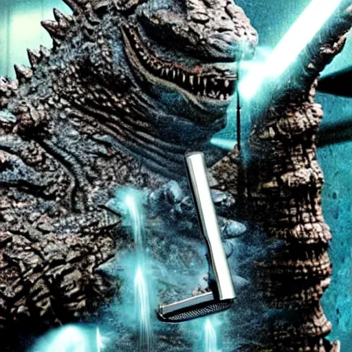 Prompt: godzilla in the bathroom brushing his teeth, electric toothbrush