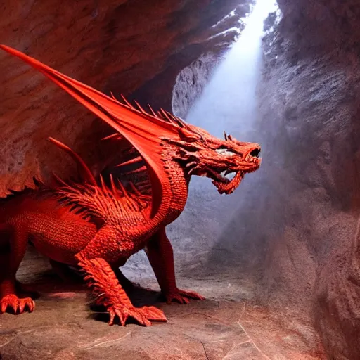 Prompt: photo of an ancient red dragon sitting menacingly in a cave