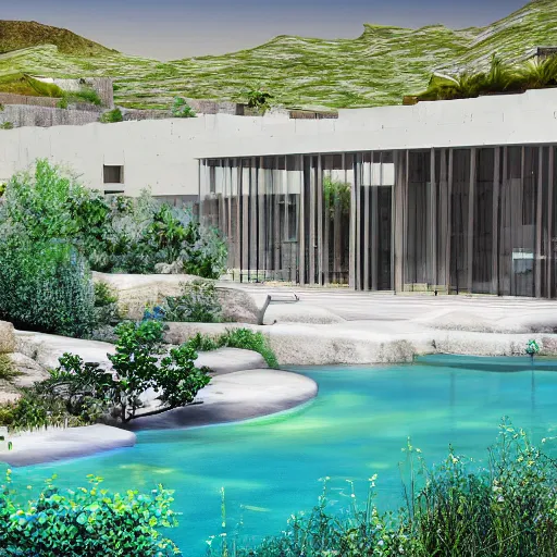 Image similar to architectural rendering of brutalism habitat 6 7 in the desert, biophilia style, pool, garden