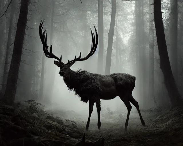 Prompt: 5 5 mm portrait photo of an armored demonic deer with antlers, in a magical forest looking at the camera. dark atmosphere. art by greg rutkowski. highly detailed 8 k. intricate. lifelike. soft light. nikon d 8 5 0.