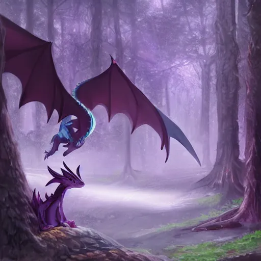 Image similar to concept art painting of an anthropomorphic purple humanoid furry dragon, in the deep forest, realistic, detailed, cel shaded, in the style of makoto shinkai and greg rutkowski and james gurney