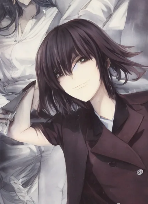 Image similar to luxury advertisement, medium close-up of a manga girl with a black trenchcoat by krenz cushart, Sasoura, Satchely and Akihiko Yoshida, black medium length Dutch bob cut hair with straight bangs, poster