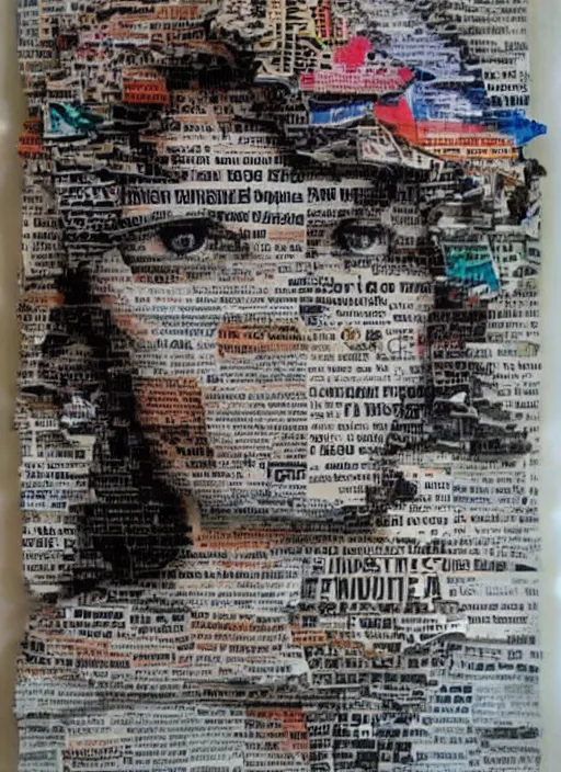 Image similar to a beautiful young woman made of newspaper