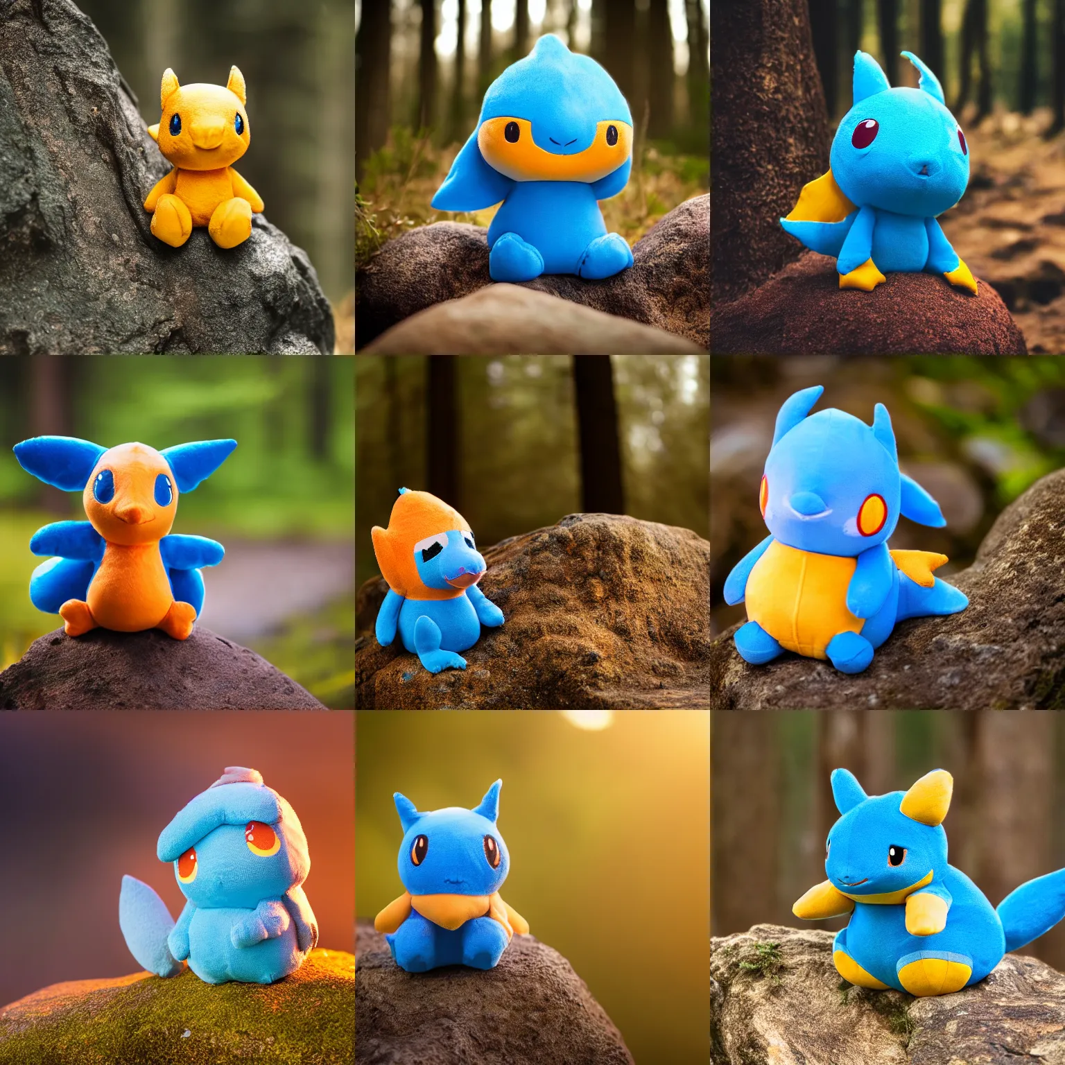 Prompt: mudkip plush, posed on a rock in a forest for a promotional photo. high quality photography, 4 k, 8 5 mm, background blur. taken during golden hour, volumetric lighting