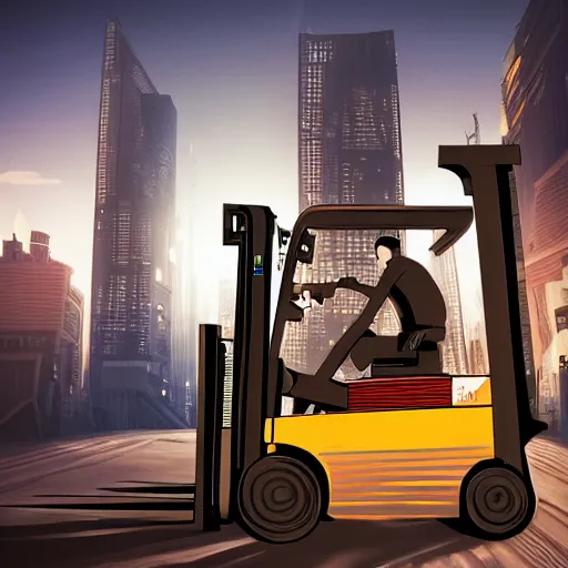 Prompt: Beatiful cyberpunk photograph of a forklift driving down a cyberpunk city