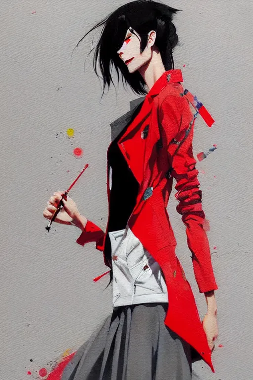 Prompt: a ultradetailed painting of a stylish woman wearing a grey jacket with red skirt, by conrad roset, greg rutkowski and makoto shinkai trending on artstation