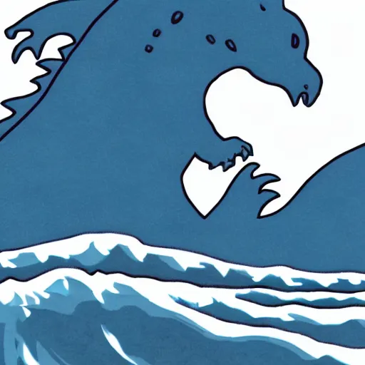 Image similar to a blue water wave in the silhouette shape of Godzilla, cartoon drawing