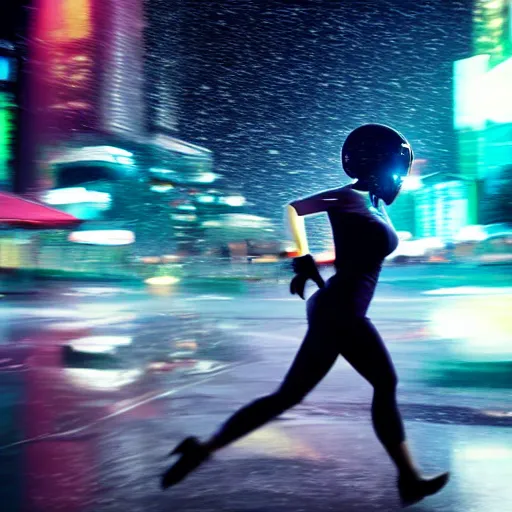 Image similar to editorial photo of a woman wearing scifi helmet running motion blur, cyberpunk night, city, raining